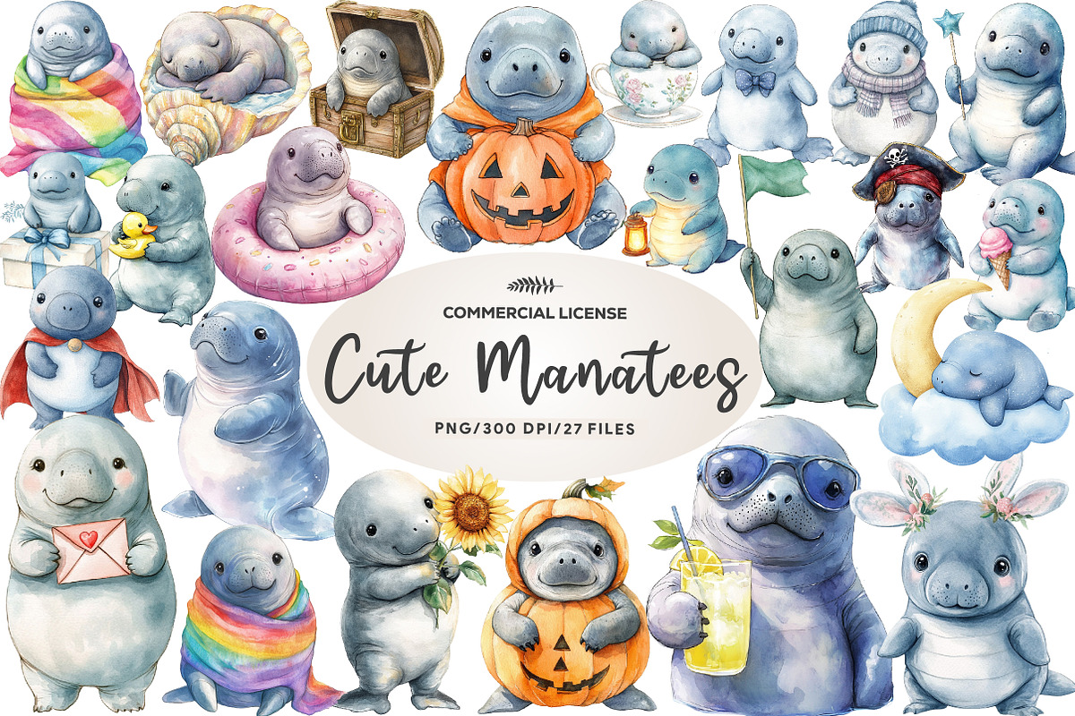 Cute Baby Watercolor Manatees Clipar, an Illustration by CreationArt (Photo 1 of 5)