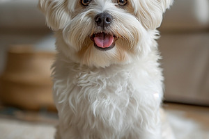 Adorable fluffy white dog with a cheerful expression, sitting on a soft rug in, an Animal Photo by ImageMir