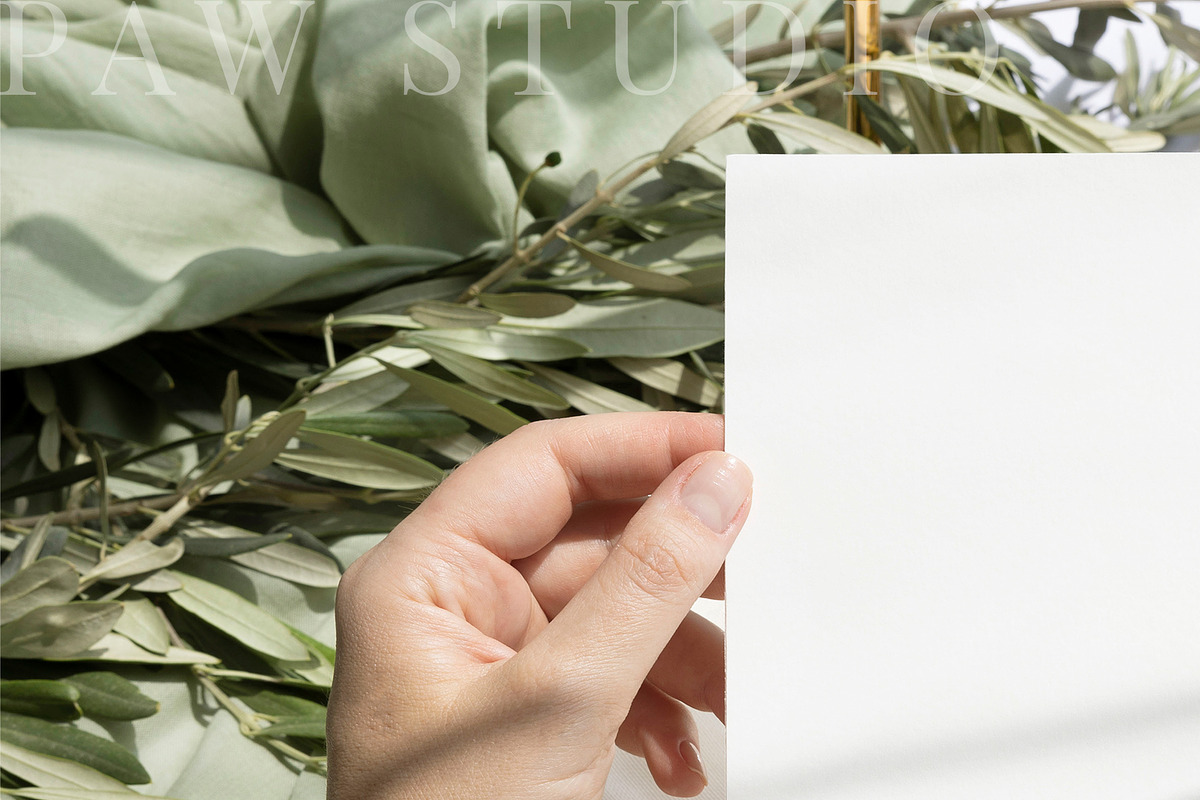 Card Mockup 4x9 Menu In Hand Olive, a Merchandise Mockup by PawMockups (Photo 2 of 9)