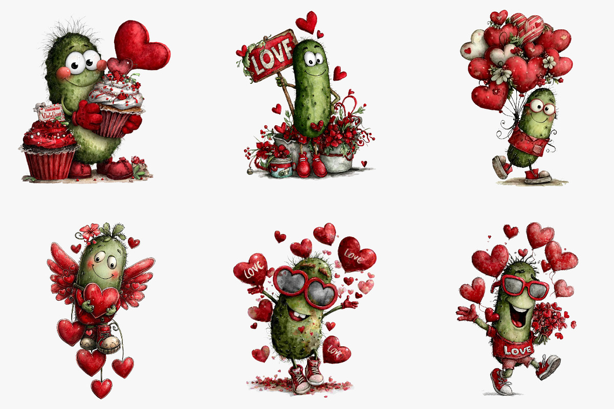 Whimsical Pickle Valentines Clipart, an Illustration by CreationArt (Photo 5 of 5)