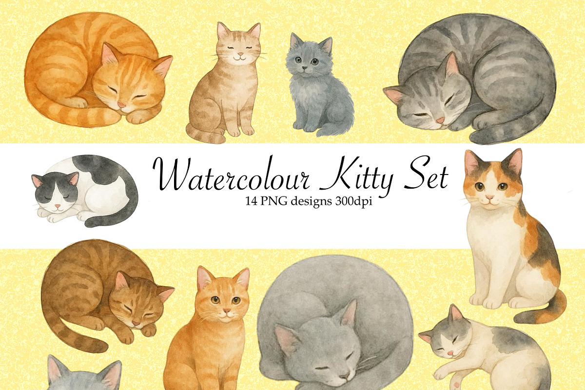 PNG Cute Watercolour Cats Clip Art, an Animal Illustration by Night Crawler Creations (Photo 1 of 3)