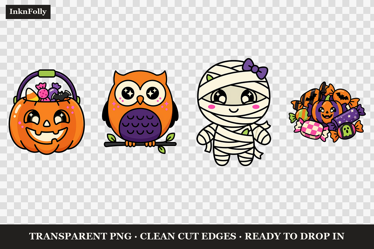 Cute Halloween Clipart PNG Bundle, a Decorative Illustration by Inknfolly (Photo 2 of 4)