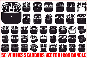 50 Wireless Earbuds Silhouette Icon, an Illustration by abu67222