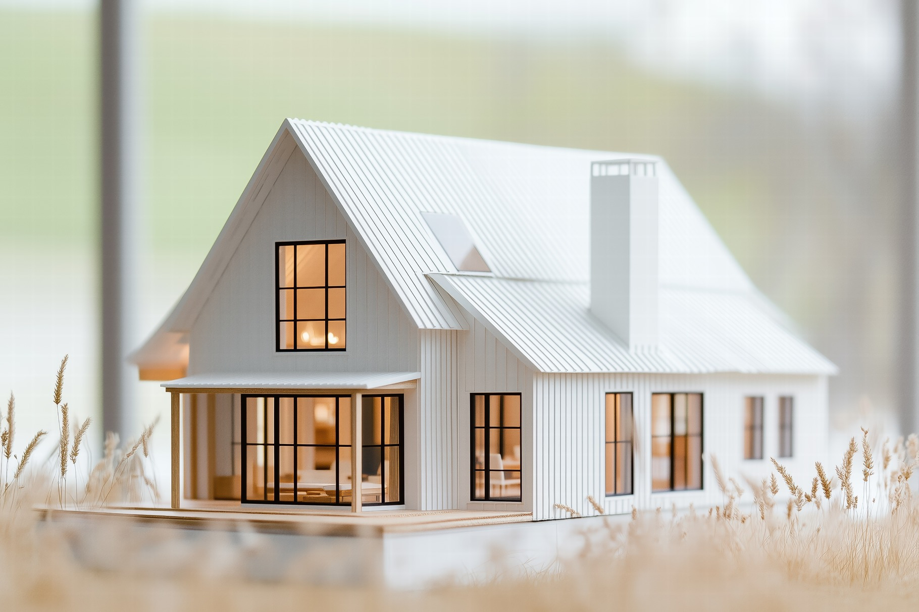 A detailed architectural model of a Modern Farmhouse style house with a ...