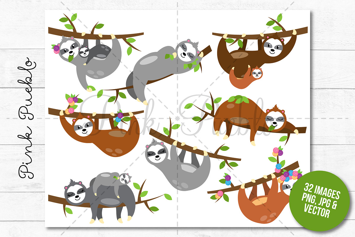 Cute Sloth Clipart and Vectors, an Illustration by PinkPueblo (Photo 3 of 3)