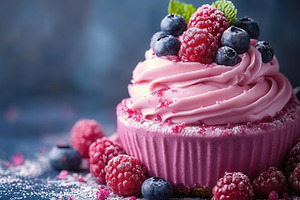 Decadent pink berry dessert topped w, a Photo by Tanuart