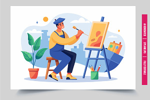 Happy artist paints canvas, an Illustration by Tanuart