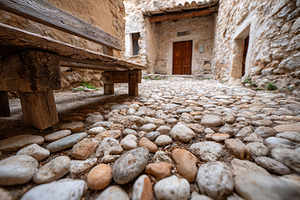 Cobblestone pathway and wooden bench in a rustic courtyard of an ancient buildi, a Photo by AlyaAnd