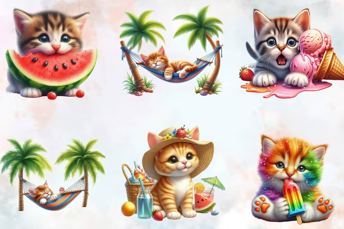 Watercolor Cute Summer Kittens Clip, an Illustration by SVGArt (Photo 3 of 8)