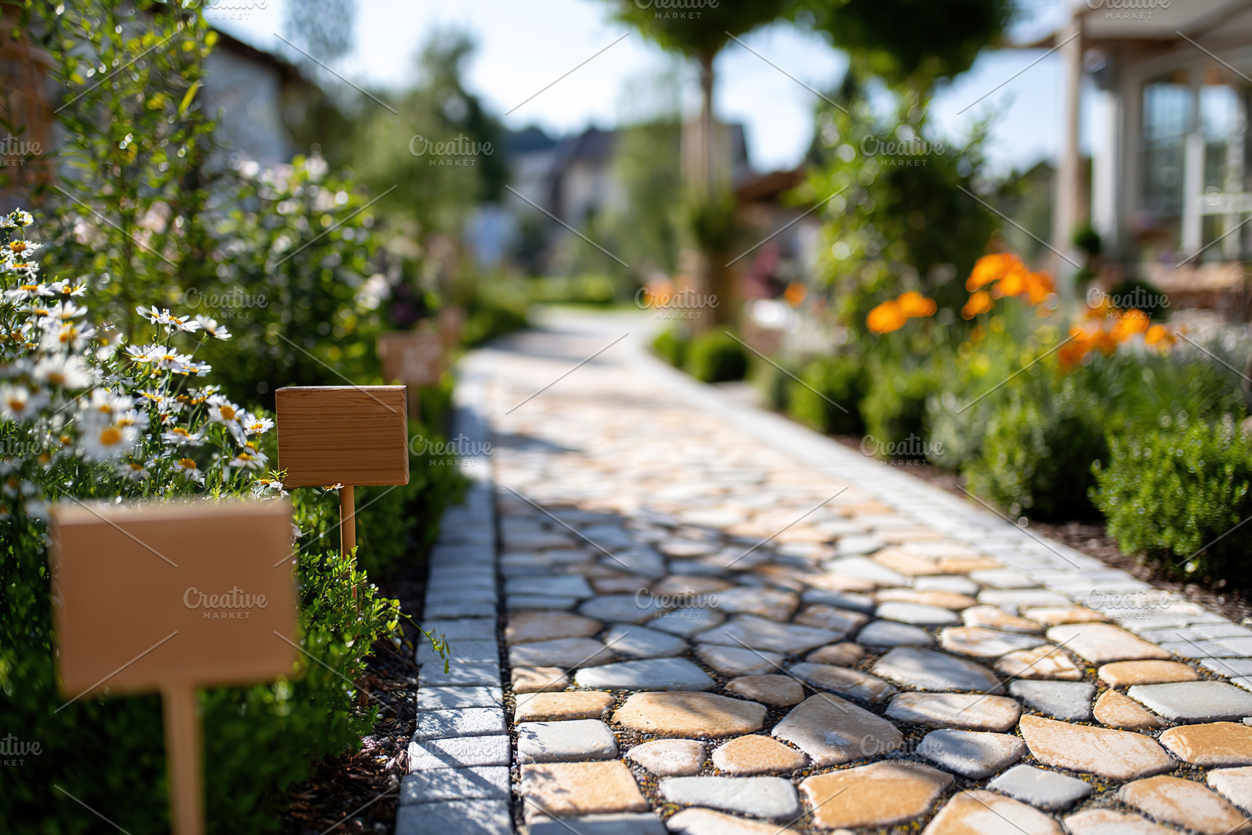 Beautiful garden path lined with flowers and greenery on a sunny day in spring, a Nature Photo by AlyaAnd