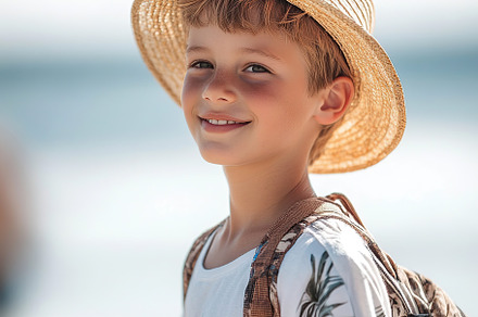 Young boy walking on the beach with a straw hat and backpack during sunny day, a Person Photo by AlyaAnd