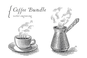 Coffee set engravings, a Decorative Illustration by Irina Trusova