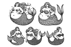 Plus-Size Mermaids engraving set, a Person Illustration by AlexArt