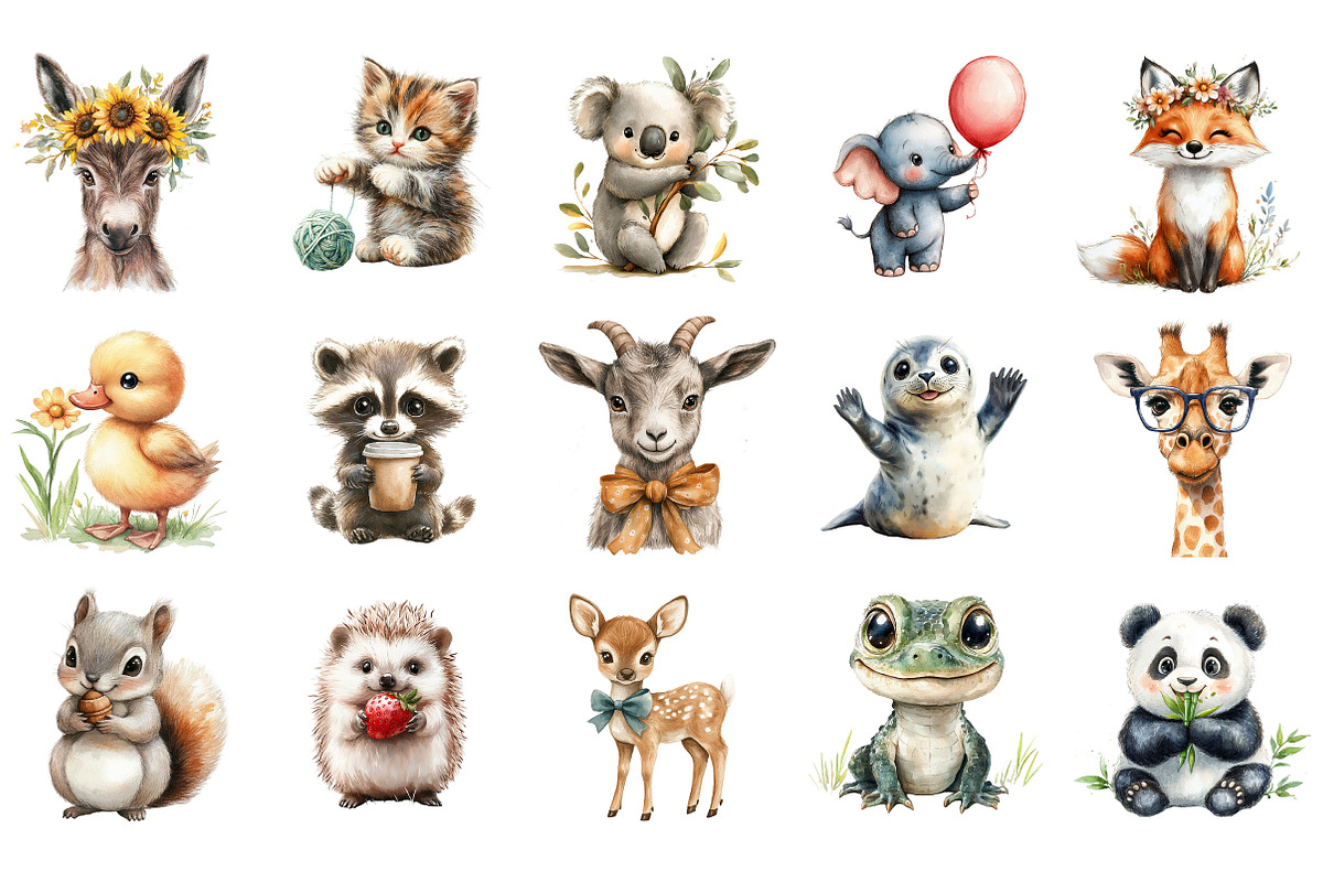 Watercolor Cute Animals Clipart, an Illustration by Designking (Photo 2 of 5)