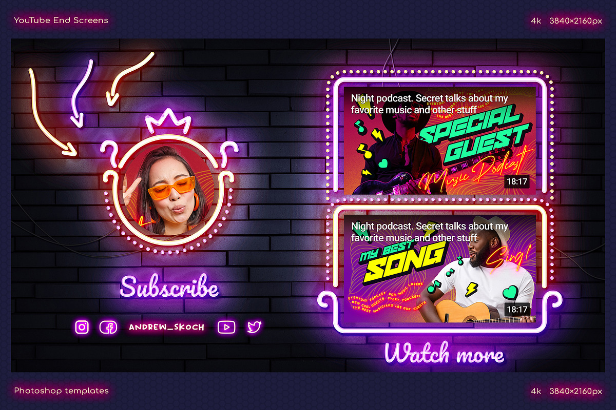 Neon YouTube End Screens, a Social Media Template by Andrew Skoch Design (Photo 12 of 18)
