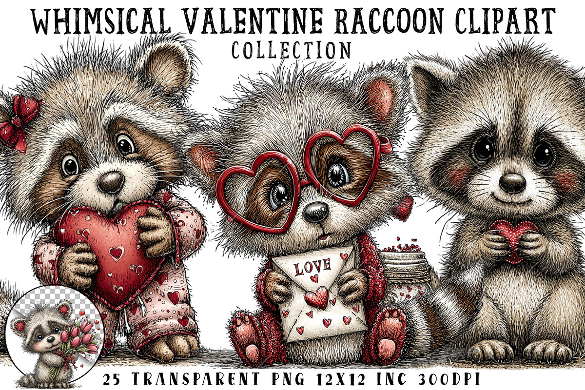 Whimsical Valentine Raccoon Clipart, an Illustration by OK Design (Photo 1 of 6)