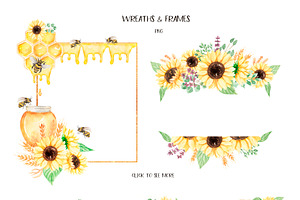 Watercolor Sunflowers, Honey & Bees