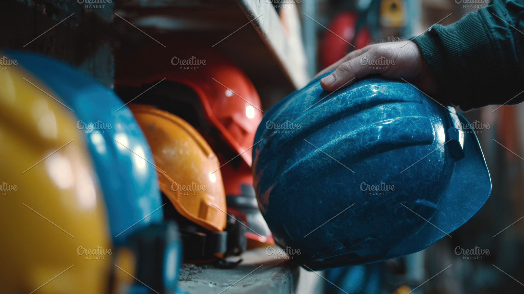 Choosing a hard hat in a workshop, a Photo by Beautiful things