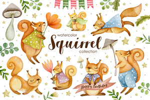 Watercolor squirrels collection.