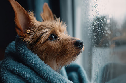 Dog gazing out the window while wrapped in a blanket on a rainy day, an Animal Photo by AlyaAnd