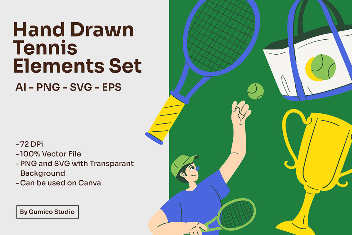 HAND DRAWN TENNIS ELEMENTS SET, an Object Graphic by Gumico Studio. (Photo 1 of 3)