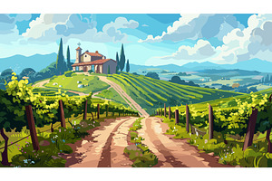 Cartoon path between vineyards going, an Illustration by LadadikArt