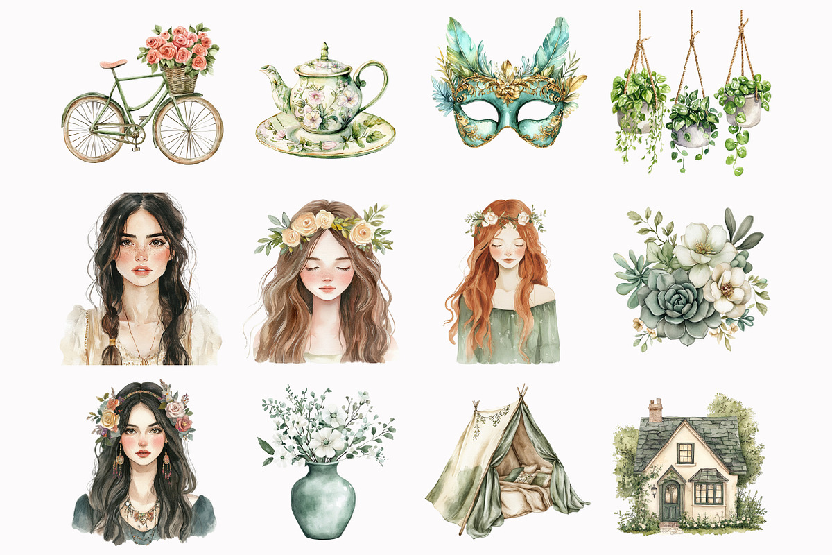Watercolor Sage Green Boho Life Clip, an Illustration by Design Market (Photo 2 of 4)