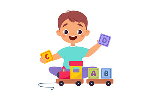 Boy Character Play Toy Train With