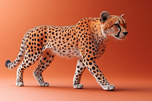 Cheetah walks gracefully against a v, a Photo by Tanuart