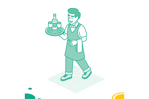 Smiling waiter. Isometric outline., a Person Illustration by Booblgum