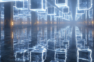 Glowing Cubes Reflecting in Dark Wat, an Abstract Photo by Pixeness Studio