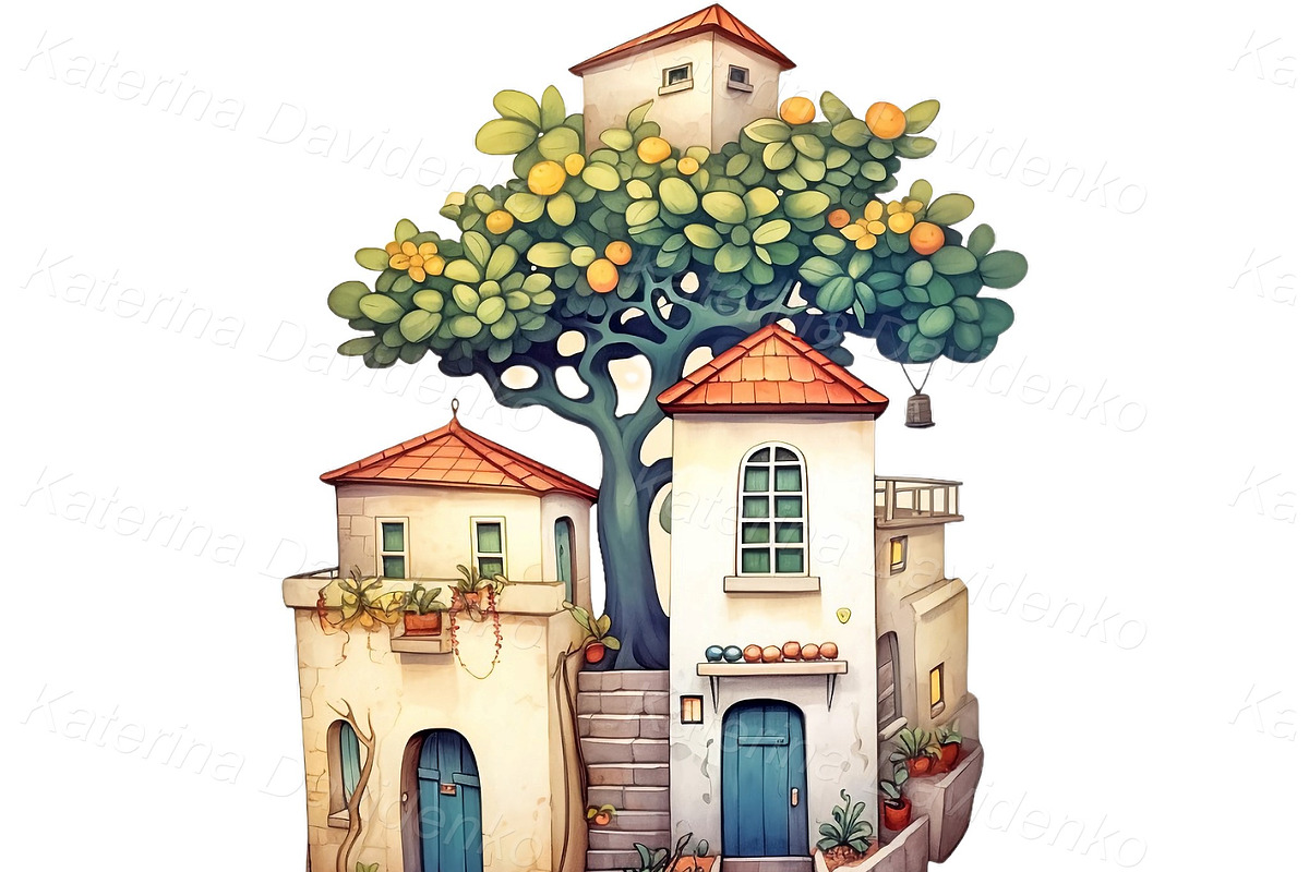 Watercolor mediterranean houses PNG, an Object Illustration by Bubert Art (Photo 2 of 5)