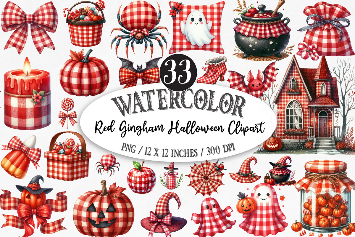 Watercolor Red Gingham Halloween, an Illustration by Designking (Photo 1 of 5)