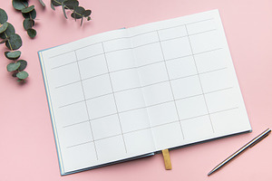 Open notebook showing blank pages with pen and eucalyptus leaves, a Business Photo by Olena Rudo