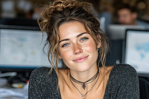 Smiling young woman with blue eyes and freckles in casual outfit, a Person Photo by José Manuel Gelpi
