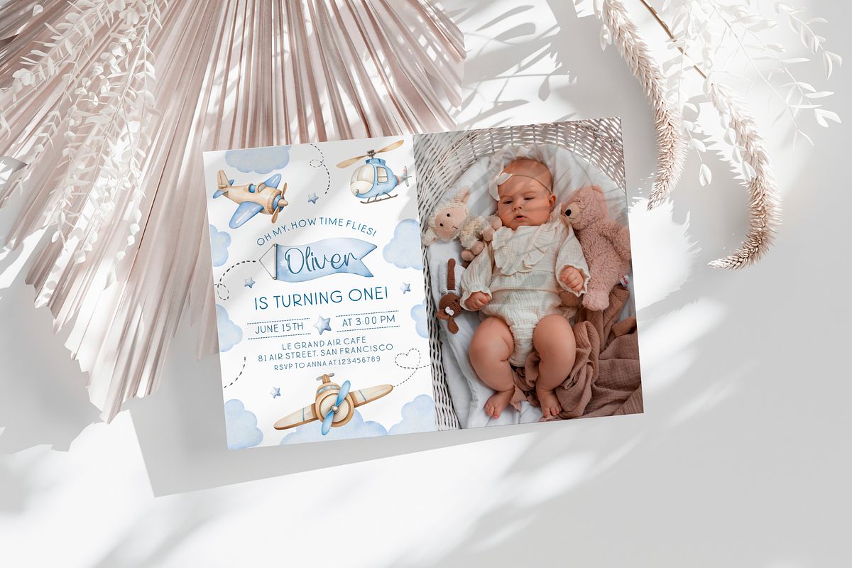 Airplane First Birthday Photo Invite, a Templates & Theme by VeliusCreativeStudio (Photo 3 of 3)