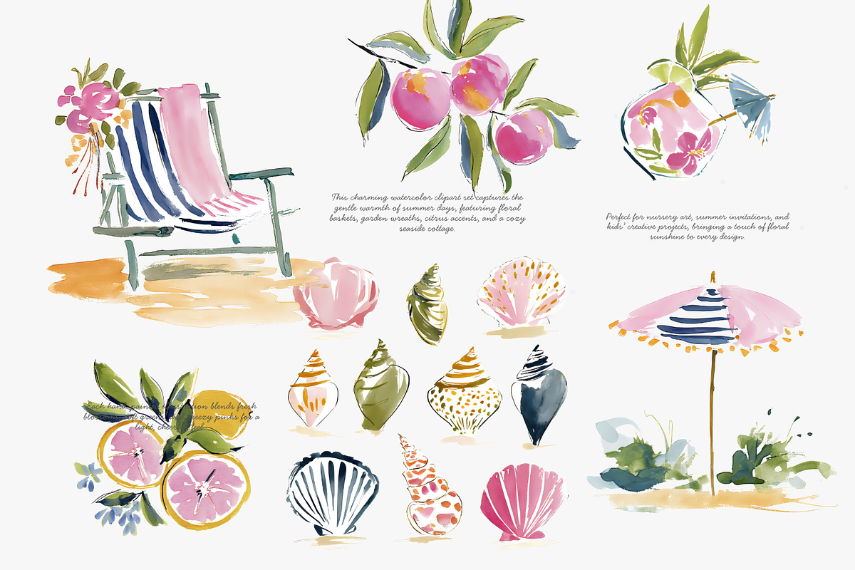 Summer watercolor clipart set, a Decorative Illustration by Patishop Art (Photo 4 of 8)