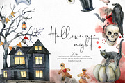 Watercolor Halloween night clipart, a Decorative Illustration by Yuliya Derbisheva (Thumbnail 1 of 11)