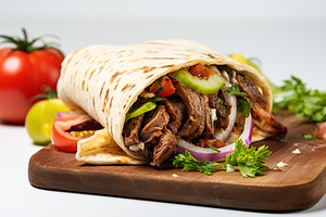 Tasty doner kebab with cutting board on white background, a Food & Drink Photo by AlyaAnd