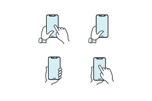 Hands holding smartphone. Flat line icon. Blue icon set.