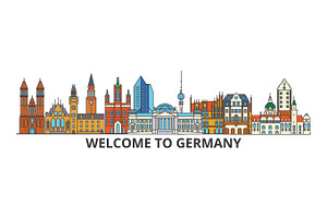 Germany Outline Skyline, German Flat Thin Line Icons, Landmarks, Illustrations. Germany Cityscape, German Travel City Vector Banner. Urban Silhouette