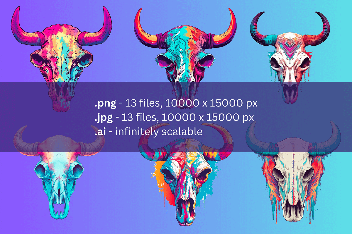 Cow Skulls Vector Illustrations, a Decorative Illustration by TheBlackPixelCo (Photo 2 of 9)