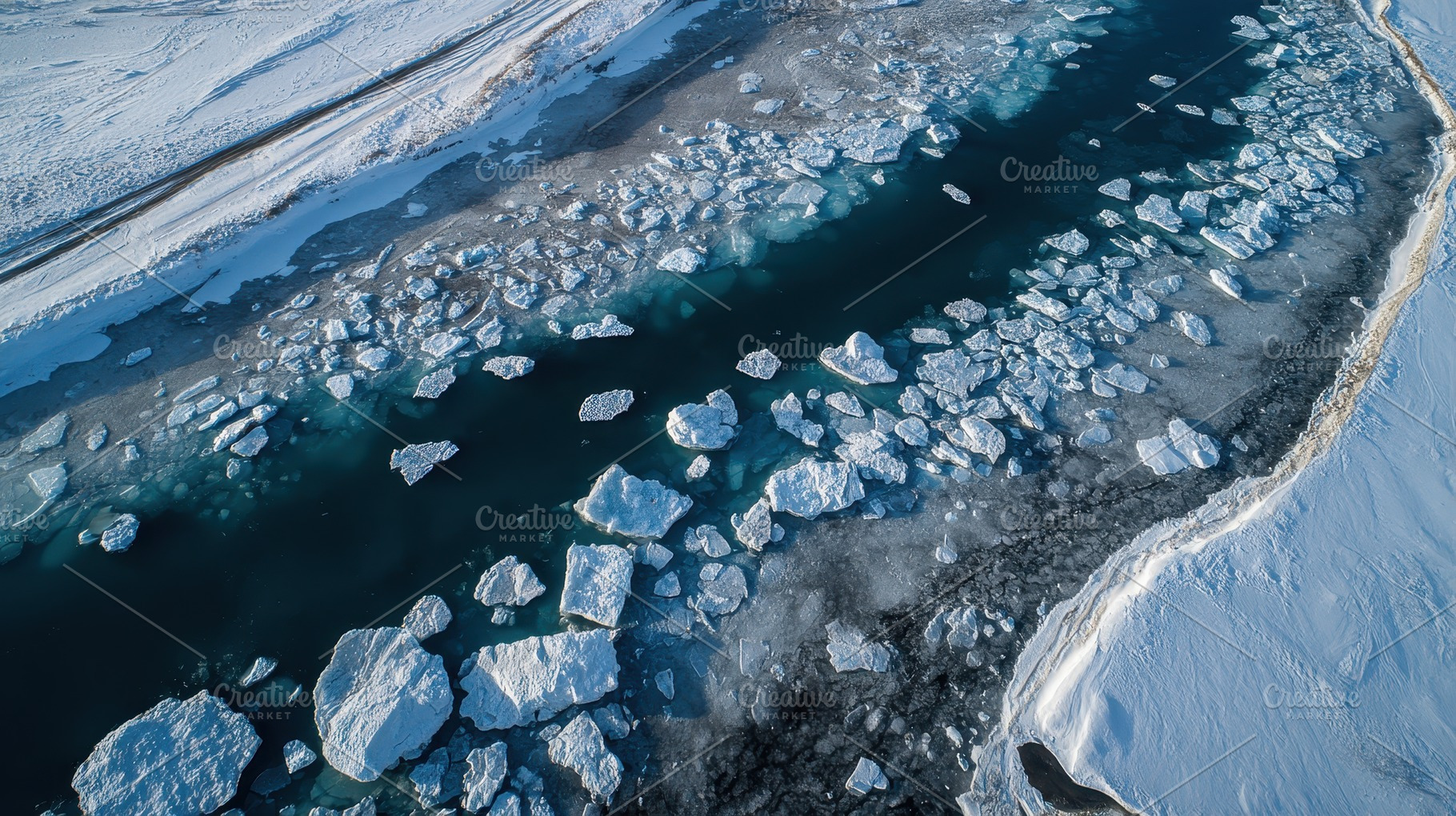 Large chunks of ice drift in a river, a Photo by Pavel_design