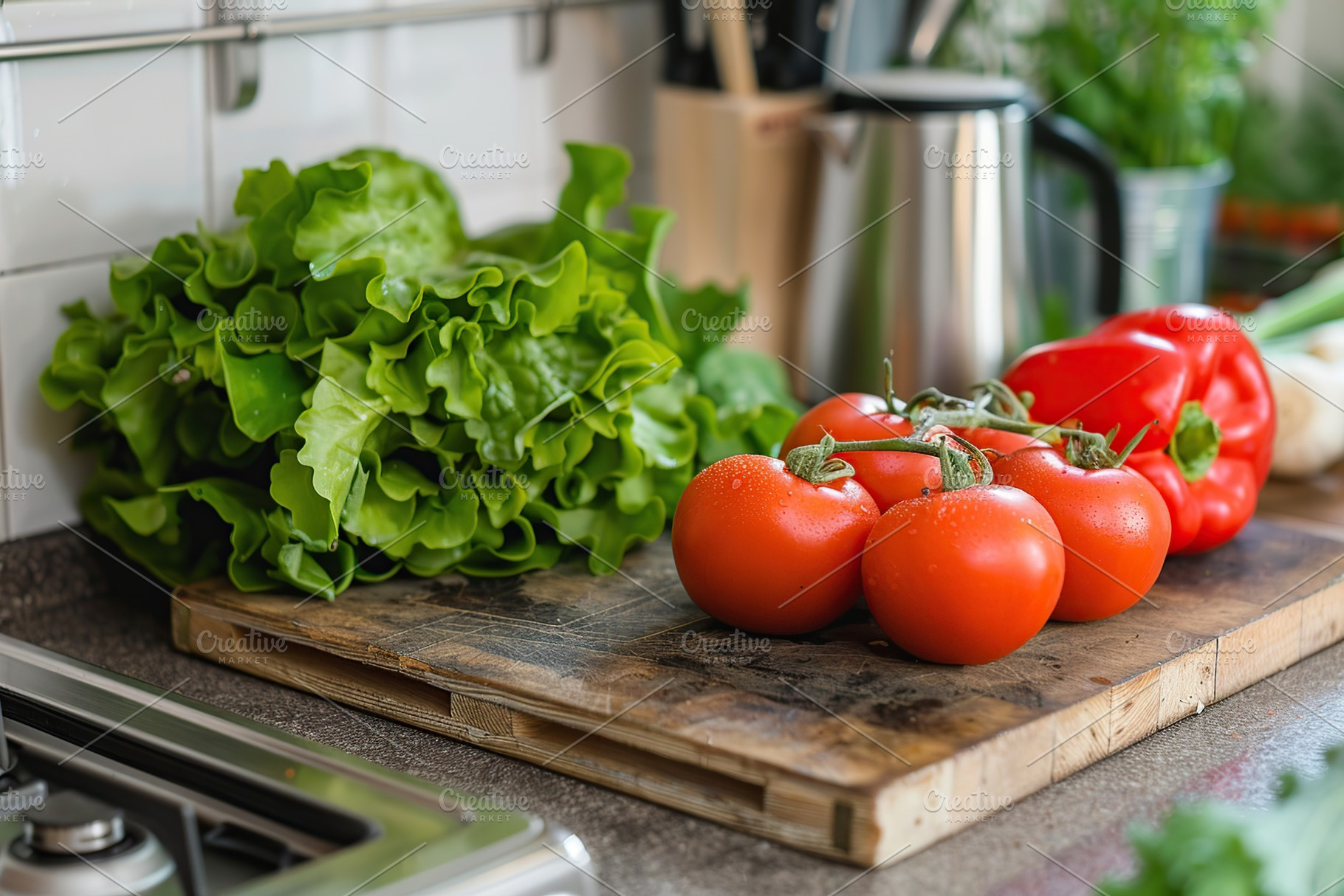 Fresh tomatoes and green lettuce on a kitchen table, a Food & Drink Photo by AlyaAnd
