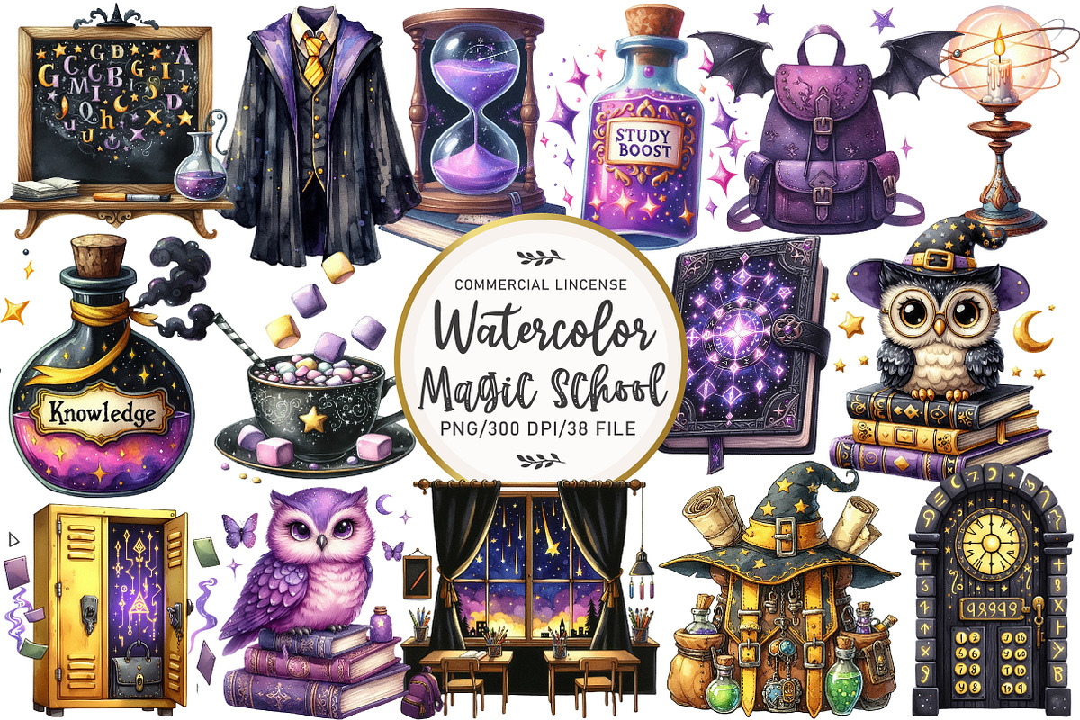Watercolor Magic School Clipart, an Illustration by OK Design (Photo 1 of 5)