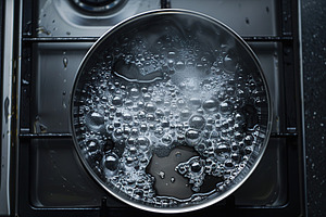 Flat lay of boiling water in pan on gas stove, a Food & Drink Photo by AlyaAnd