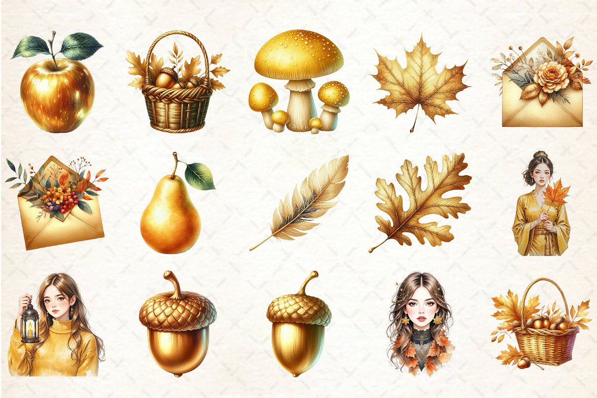 Watercolor Gold Autumn Clipart, an Illustration by Rose Art (Photo 3 of 4)