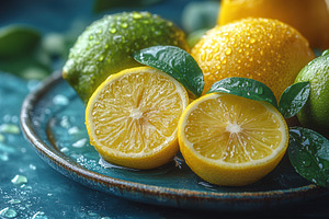 Freshly cut lemons and limes on a vi, a Photo by Tanuart