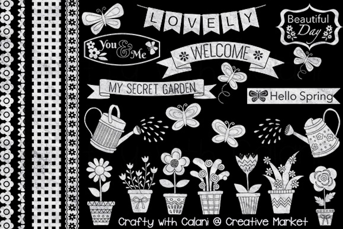 Spring Garden Clipart in Chalkboard, an Illustration by Crafty with Calani