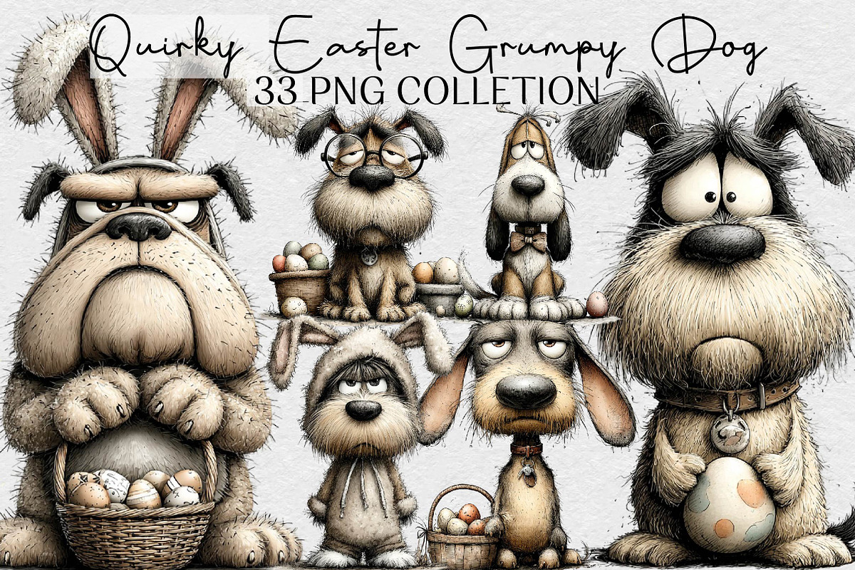 Quirky Easter Grumpy Dog Clipart, an Illustration by DreamCafeArt (Photo 1 of 6)